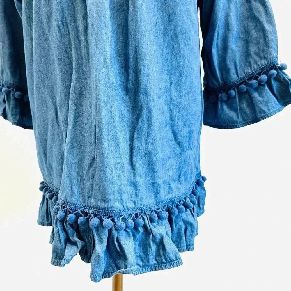 Women 3/4 Sleeve Pull Over Off the Shoulder Pom-Pom Blue Tunic Shirt Size Large - Picture 7 of 11